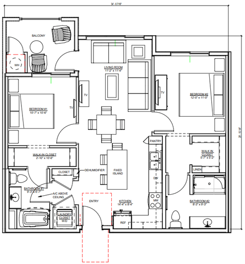 Floor plan for 2 beds, 2 baths, 880 sqft